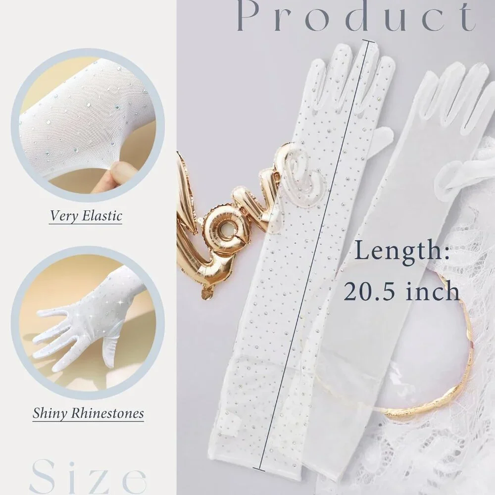 Women's Rhinestone Sparkly Mesh Sheer Gloves White Long Elbow Length Party Prom